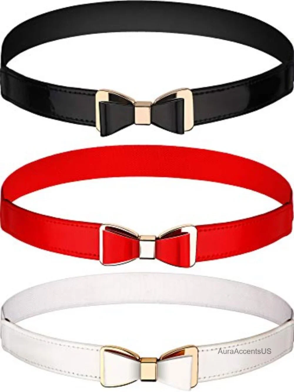 Set of 3 Skinny Stretchy Bow Belts Faux Leather Spot Clean
